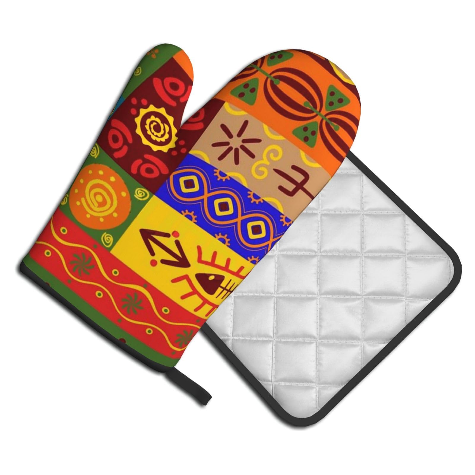 Oven Mitts and Pot Holders Set of 2 Pcs, African National Patterns Printed Heat Resistant Kitchen Gloves Potholders for Cooking Baking Grilling