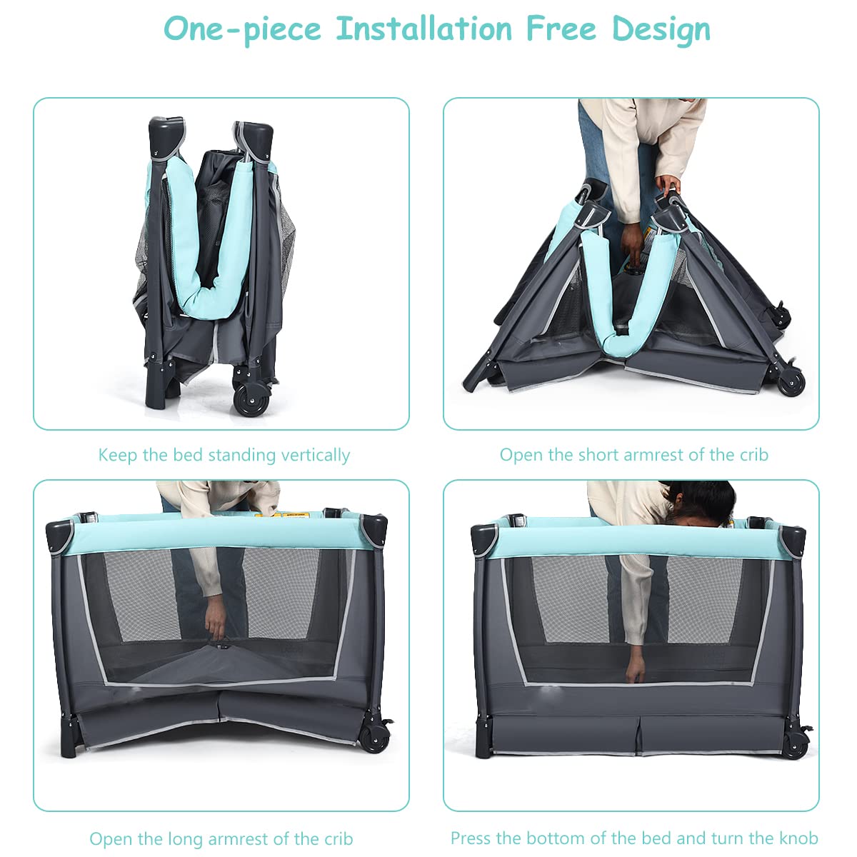 LIFEZEAL 4 en 1 Lit Parapluie Bébé avec Matelas à 2 Niveaux, 0-36 Mois, Lit Bébé Pliable en Tissu Oxford, Charge de 15 KG, Berceau Bébé avec Table à Langer, 2 Roues avec Freins (Vert)