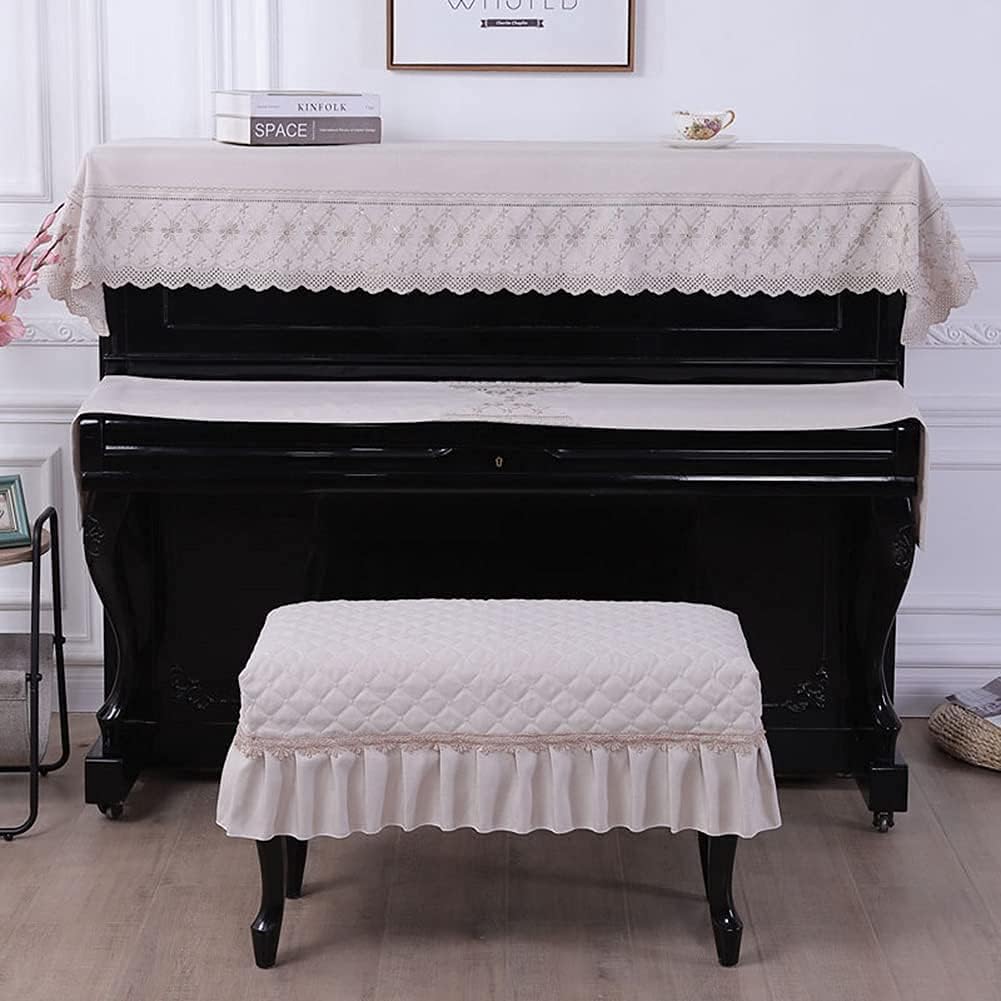 Upright Piano Cover Set Fashion Dust Proof Cover Upright Top Piano Cover Electronic Piano Keyboard Cover Chair Cover, European Style Fashionable Luxury Elegant Embroidery Dustproof(Beige,Double chair