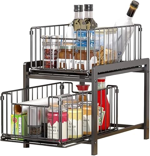 Wuudi 2 Tier Sliding Baskets Cupboard Organiser, Kitchen Cupboard Cabinet Organizer Basket, Pull-Out Mesh Baskets Drawer, Under Sink Extendable Steel Drawers - Image 3
