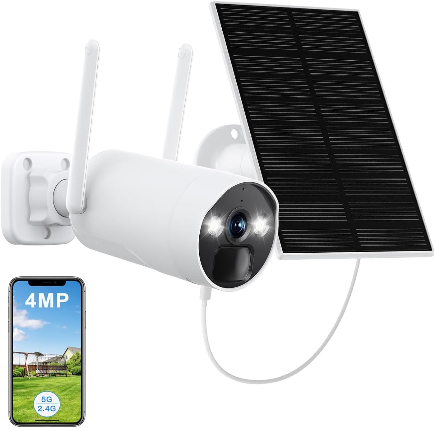 CAMCAMP 4MP Solar Powered Security Camera Outdoor, 2.4G/5G WiFi Wireless Cameras for Home Security, Color Night Vision, Motion Detection, Spotlight Siren Alarm, App Control, Support SD/Cloud Storage