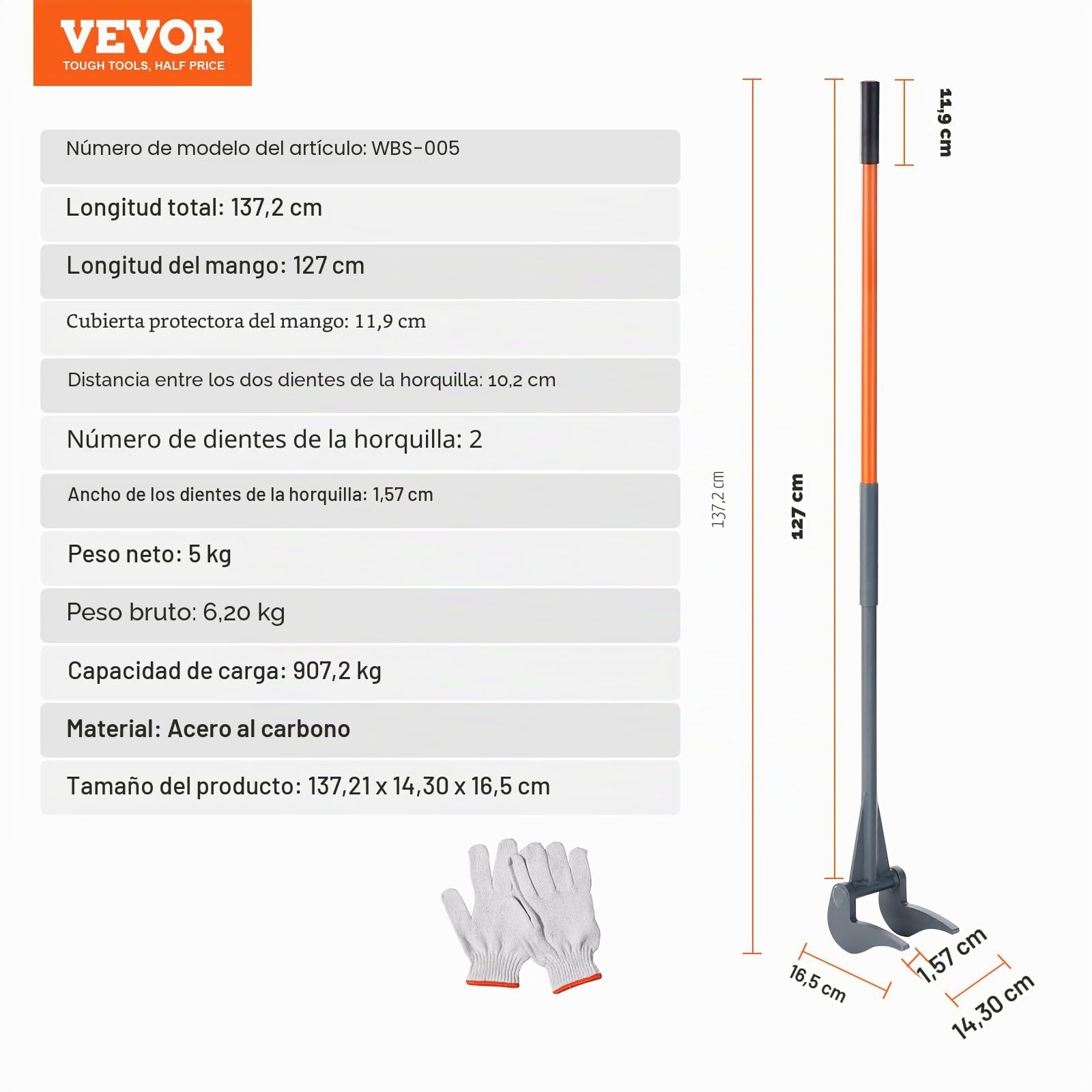 VEVOR Barra de Palanca de Acero al carbono Q235 Extractor de Palés 137,2 cm Capacidad de Carga 907 kg Herramienta de Desmontaje de Madera Mango de 127cm con Guantes para Desmontar Tablas de Extracción