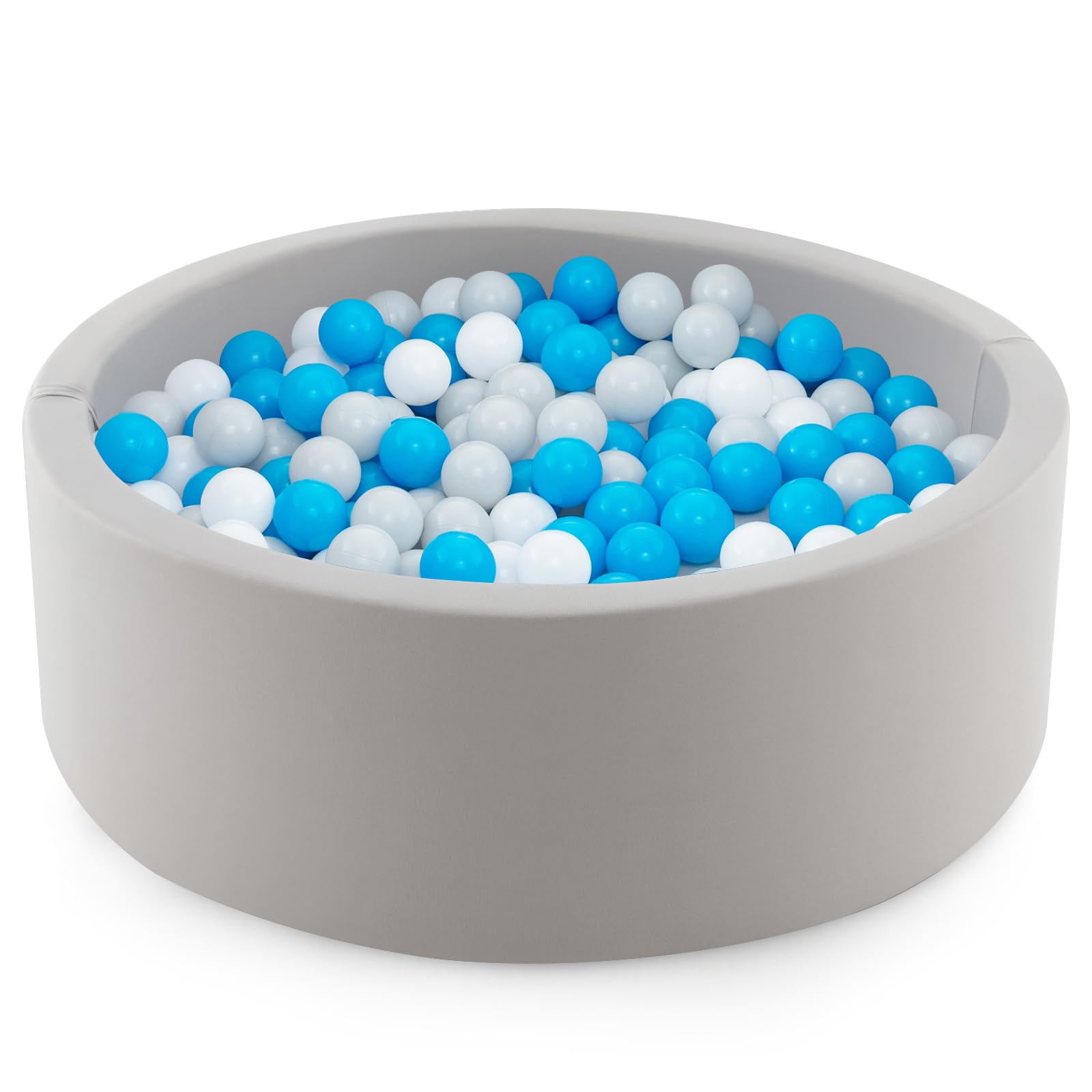 COSTWAY Kids Foam Ball Pit, 90 x 30cm Round Balls Pool with Removable Cover, 200 Ocean Balls and Storage Bag, Soft Baby Playpen for Indoor Outdoor (Grey+White+Blue Ball)
