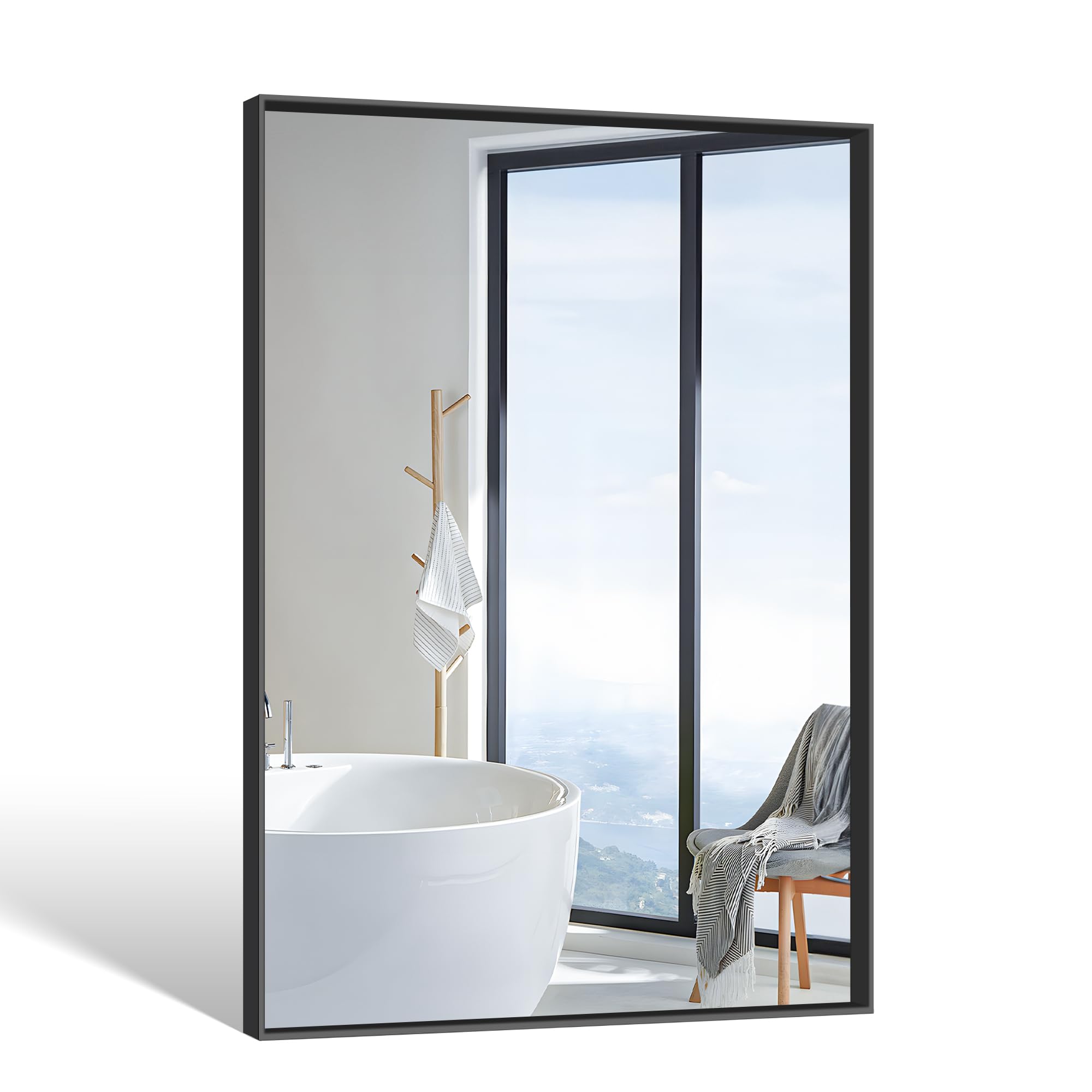 WOLIBEER Espejo de Pared 66x96 cm, Espejo Rectángulo de Pared con Marco Profundo de Aluminio Negro, Espejo para Baño, Dormitorio, Entrada, Pasillo, Tocador, Decoración