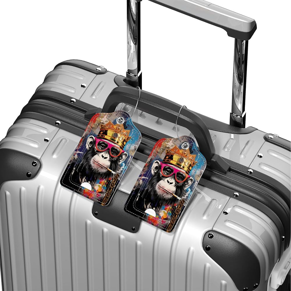 2 Pcs Luggage Tag for Suitcase, Gorilla King Wearing Glasses Unique Leather Suitcase Tags with Full Privacy Cover Stainless Steel Loop for Women Men Travel Baggage Bag Backpack image 5