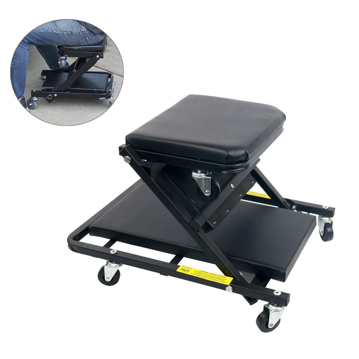 FreeTec Camilla Mecanico, Camilla Taller, Convertible en Asiento Taburete, con 6 Ruedas, 1m de Longitud, Carga Máxima de 150 kg, Negro