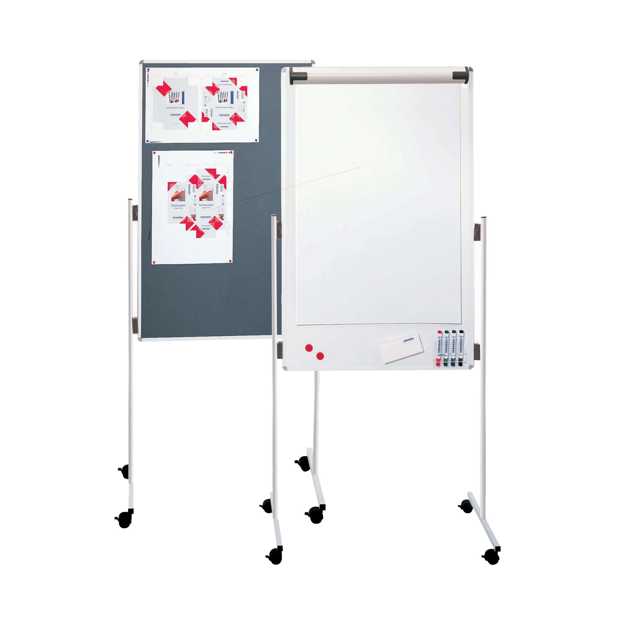 FRANKEN KombiFlipchart ECO, doppelseitig, pinnbar & lackiert, magnetisch, beschreibbar, trocken abwischbar, 76 x 121 cm, grau/Filz & lackierte Schreiboberfläche, mit Standbeinen und Rollen, UMT FC