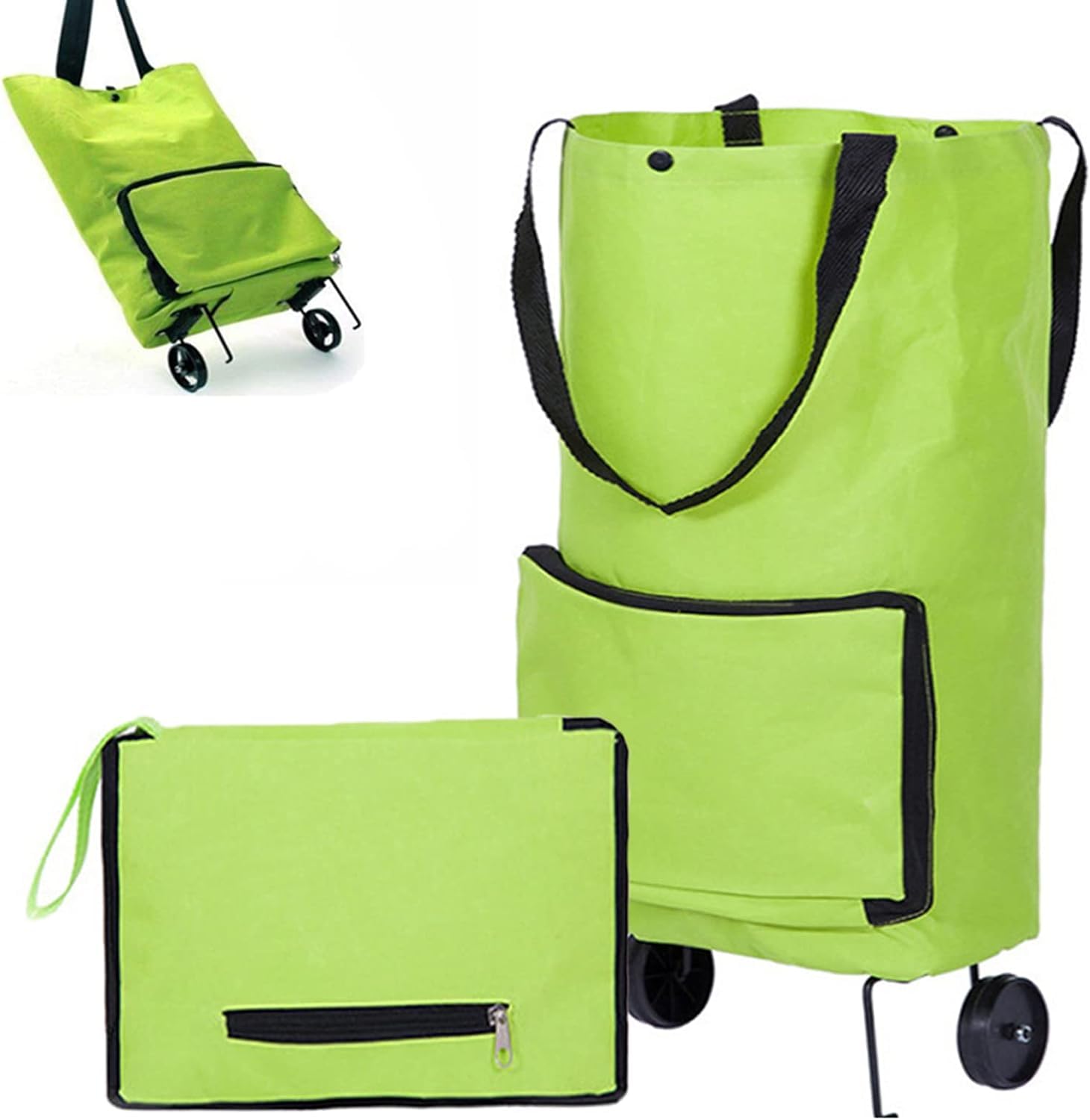 Shopping Bag with Wheels, Portable Trolley Bags Foldable Tote Grocery Cart, Reusable and Collapsible Utility Bag, 360° Swivel Wheels, Large Capacity for Travel and Home (Green)