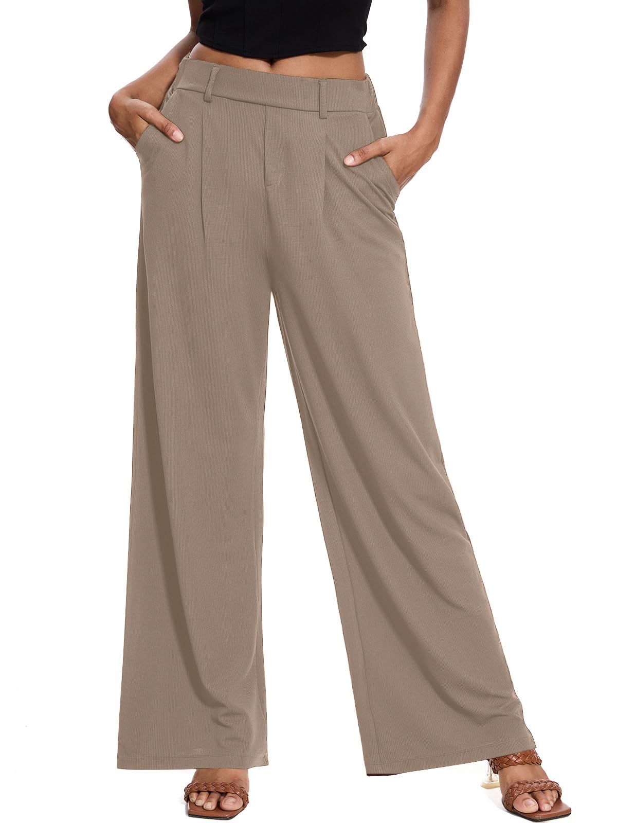 M MOTEEPI Slacks for Women Dressy Elastic Waist Work Pants Women Business Casual 29 Ladies Waffle Pants Wide