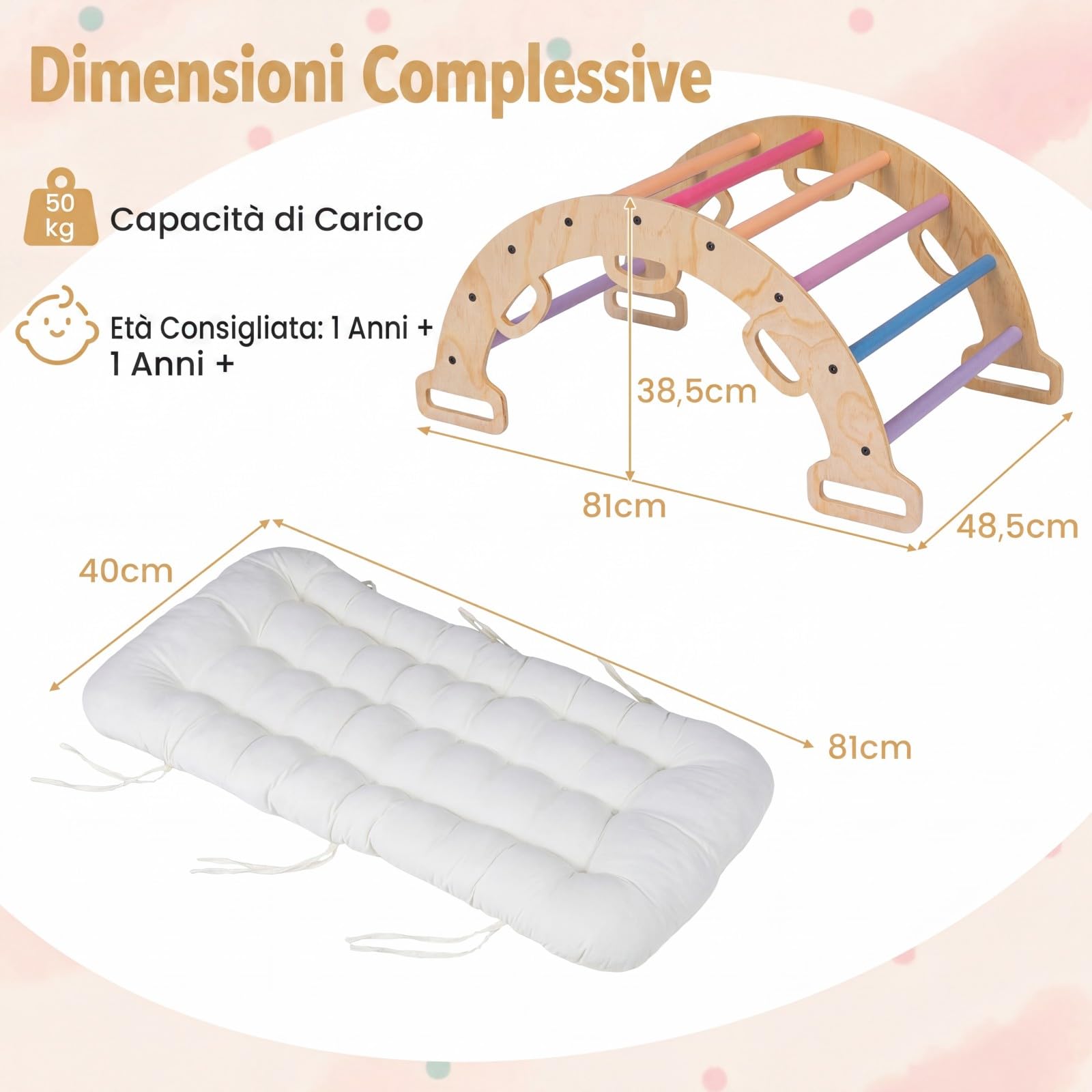 COSTWAY Arco da Arrampicata Bambini, Giocattolo da Arrampicata Versatile in Legno Massello, Cuscino Morbido, Altalena ad Arco Educativa con 10 Maniglie per Bambini 3+ Anni (Multicolore)