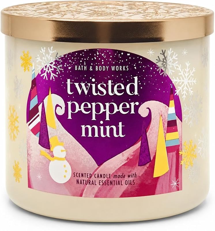 Bath & Body Works, vela White Barn de 3 mechas con aceites esenciales - 14.5 oz - ¡Aromas de Navidad e invierno 2021! (menta retorcida)