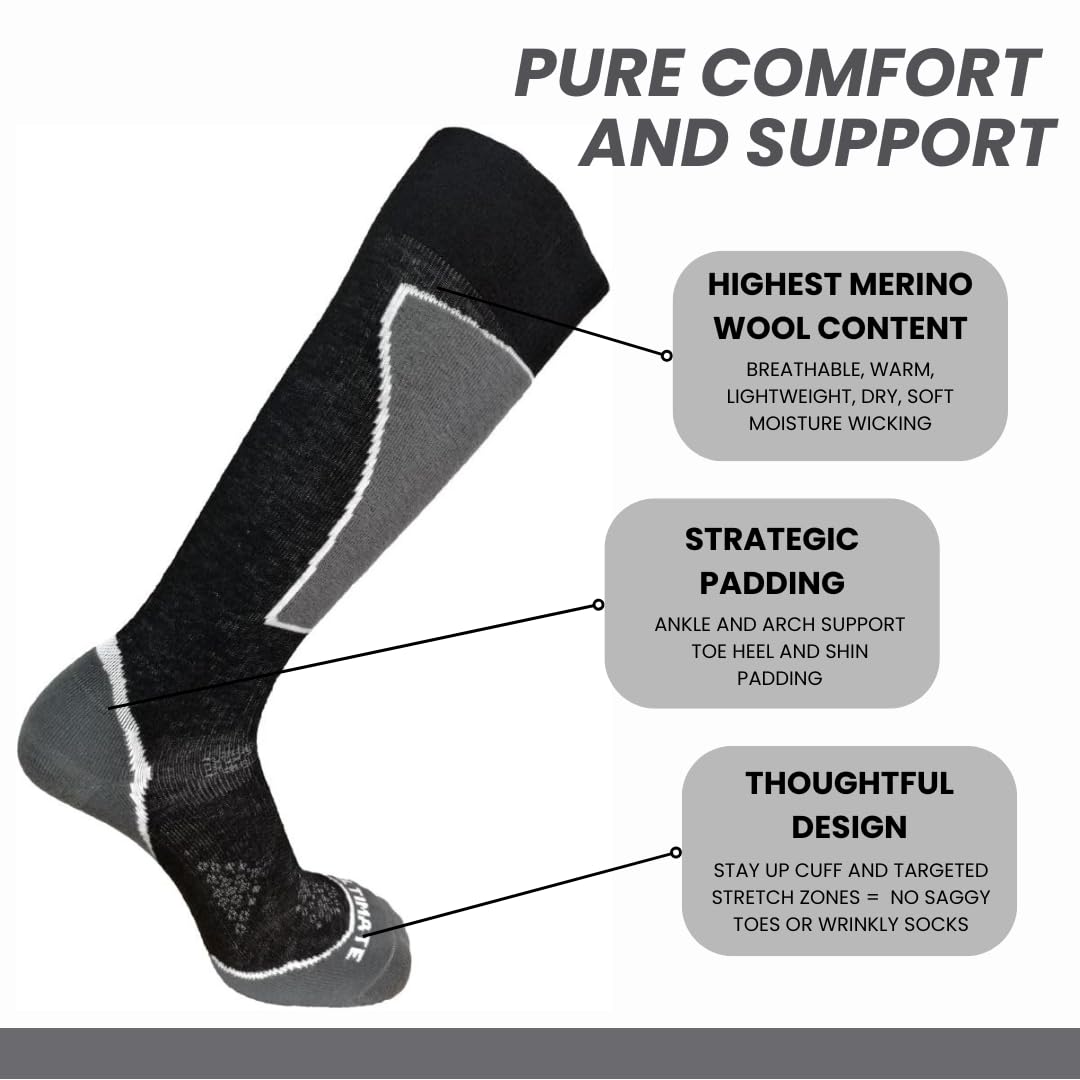 Merino Wool Ski Socks for Men - Ski Snowboard Socks Warm with Cushioning Support Perfect Stretch - Lightweight Charcoal Medium 6-8.5
