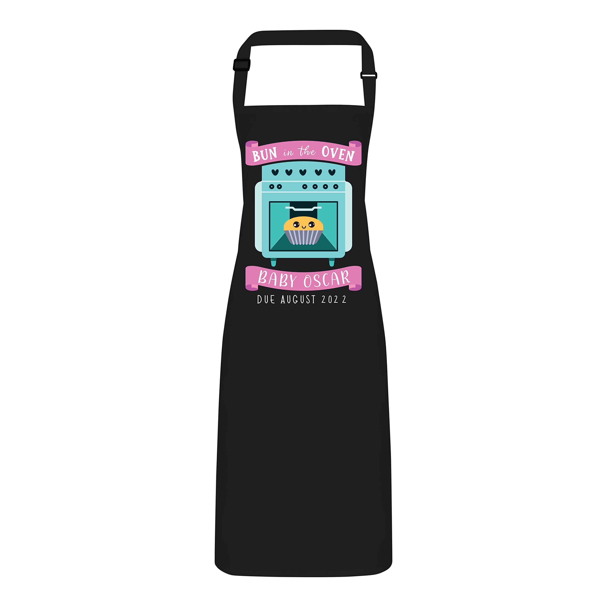 Personalised Baby Name Bun in the Oven Pregnant Funny Apron Due Date Baby Shower Adjustable Neck Strap (Black)