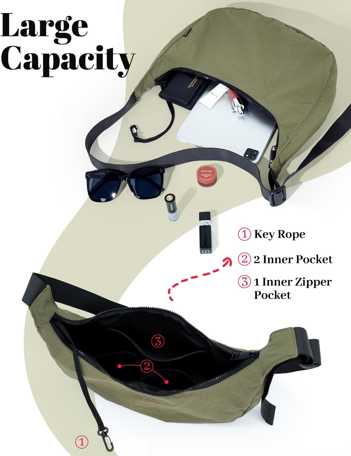 Iioscre Medium Crossbody Crescent Bag for Women Men Trendy, Nylon Crossbody Hobo Bag with Adjustable Strap and Inner Pockets. - Image 4