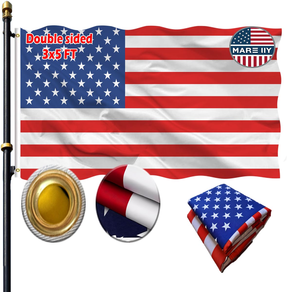 Heavy Duty Double Sided 3x5 US Flag - 3-Ply Polyester with Blackout Lining, UV Resistant, All Weather Outdoor/Indoor USn Flag with Reinforced Canvas