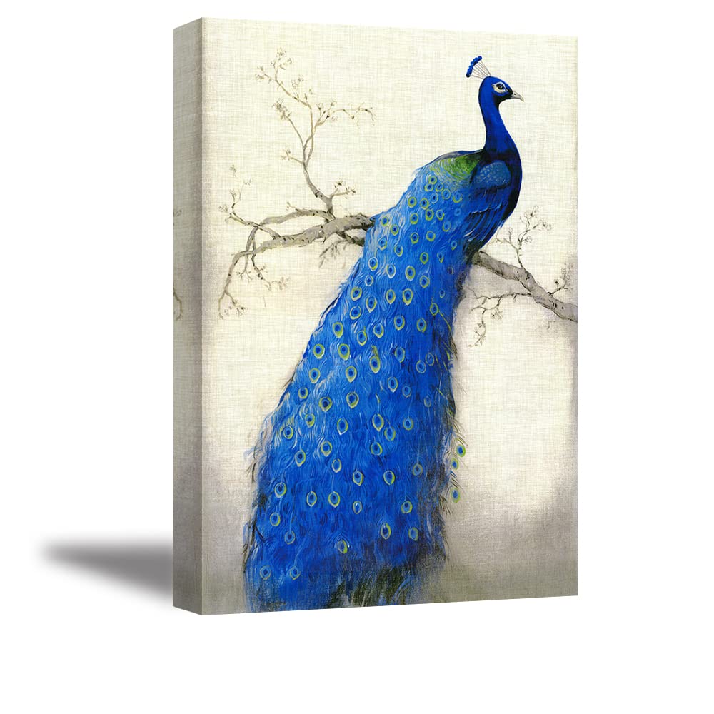 Piy PaintingPeacock Wall Art Decor for Bedroom, Beautiful Oil Painting Canvas Prints, Elegant Proud Peacock on Beige Pictures (Waterproof Artwork, Ready to Hang, 20x30)