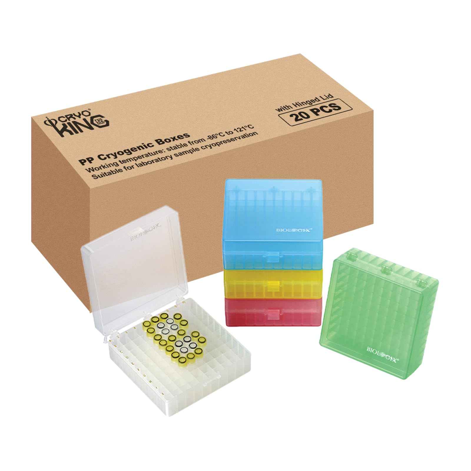 CryoKING 2 in 100-Well Polypropylene Freezer Boxes for Lab Efficient Sample Storage and Retrieval, Assorted Colors Freezer Lab Box with Hinged lid,