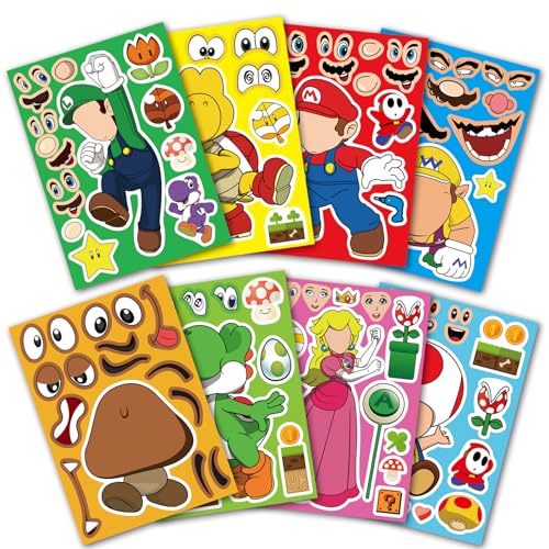 24Pcs Cartoon Make a Face Stickers - DIY Party Supplies Favors for Mario Birthday Party - Matched with 8 Designs Characters for Party Decoration, Class Reward, Birthday Gifts, Book Crafts