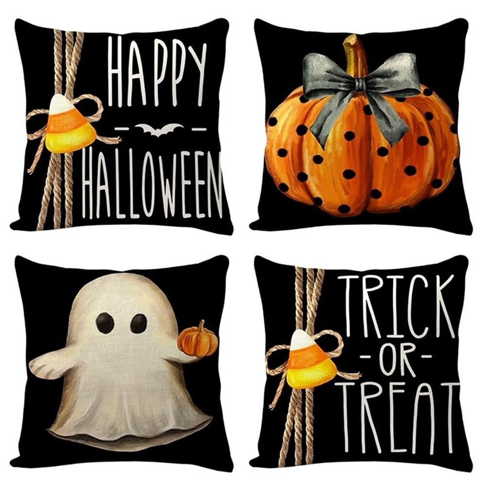 Prk 14 Black Cushion Covers 4 Pcs Halloween Trick Or Treat Gothic Pillow Throws For Livingroom Bedroom Couples Sofa Horror Scary Pillowcase Set 45 X 45Cm