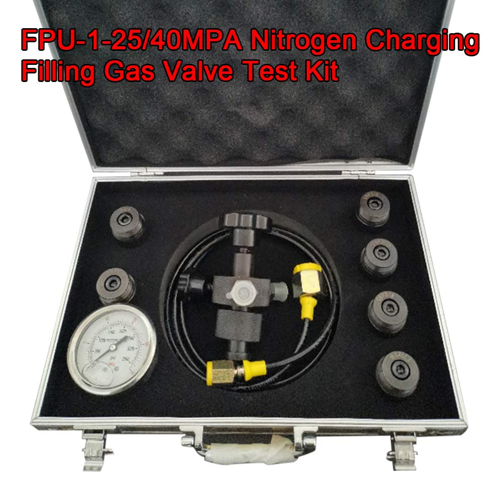 Testkit für Stickstofffüllung und Gasventile von Hydraulikspeichern, 6 Kupplungen und 1 Manometer und 1 Luftschlauch, Hydraulikdruck-Testkit, 0–25 MPa Manometerbereich, 0–40 MPa Nenndruck