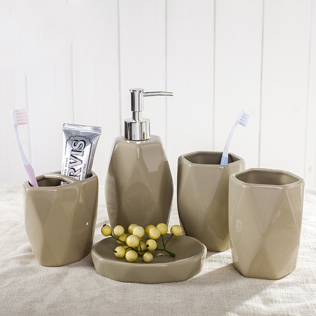 Set de baño de cerámica con dispensador de jabón y portacepillos HYLR de 5 piezas