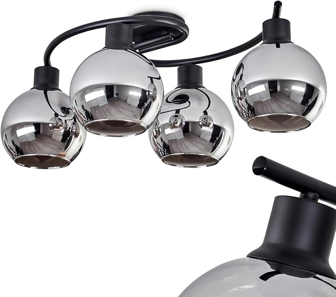 hofstein Plafondlamp Koyoto, plafondlamp van metaal/glas in zwart/chroomkleuren, lamp in retro/vintage design met glazen kappen (Ø 15 cm), 4 x E27, zonder lamp