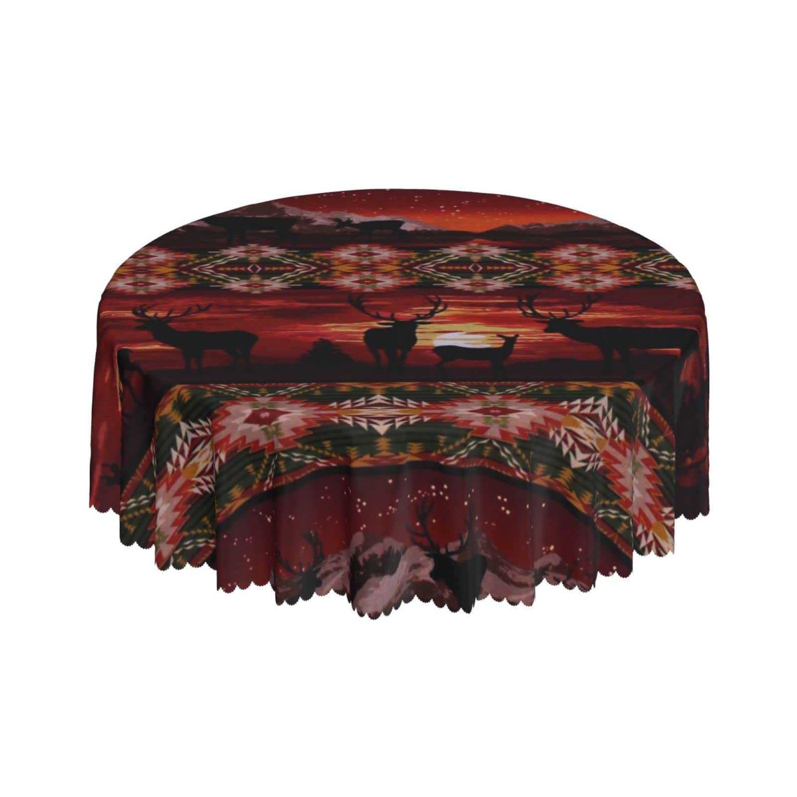 Lsjuee Southwest Deer Sky Lodge Stripe Russet Round Tablecloth 60 Inch Printed Washable Tablecloth for Dining Party Holiday Fall Home Decorative