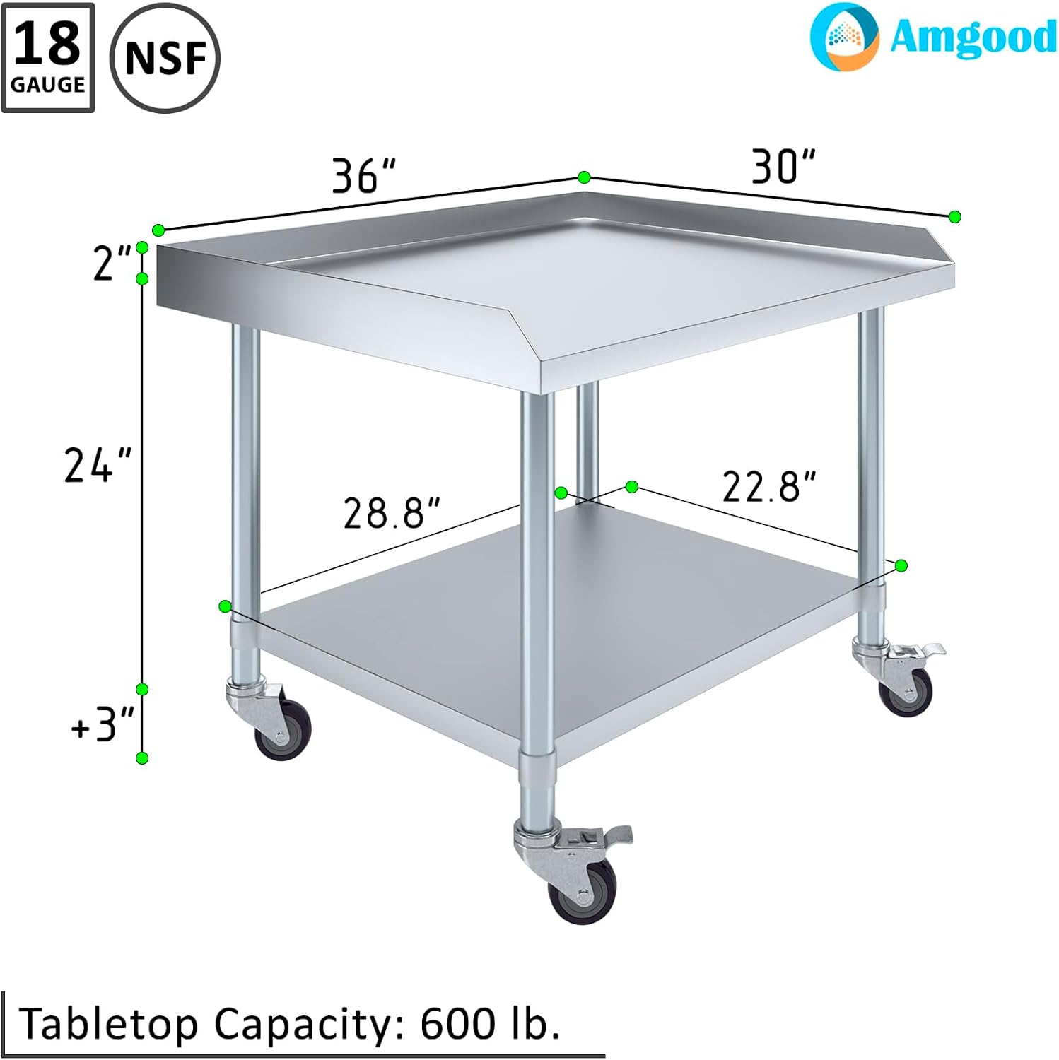AmGood Stainless Steel Equipment Stand with Undershelf + Casters, Heavy Duty, Commercial Grade, NSF (30" Width x 36" Length + Casters)