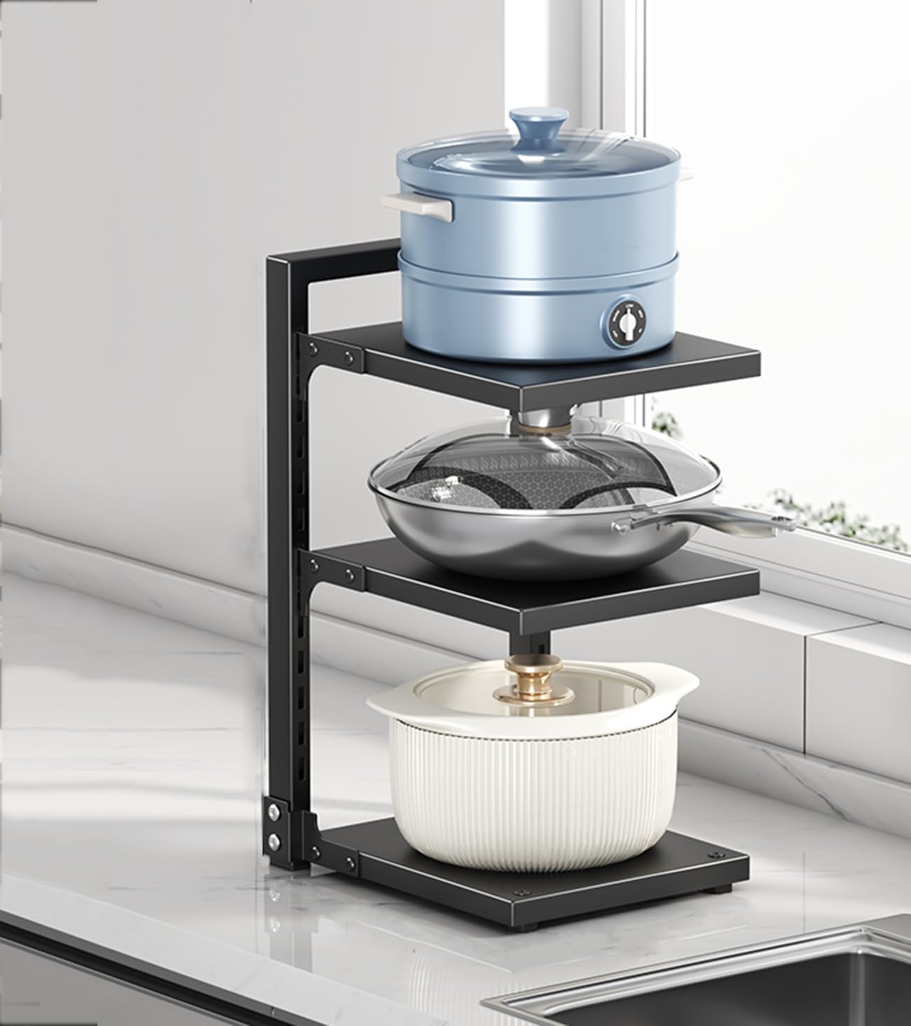 Porta Pentole Salvaspazio con Multistrato Scomparti Regolabili, Organizer Pentole E Padelle, Organizer per Pentole per Organizzazione E Conservazione della Cucina,Nero,3Tier