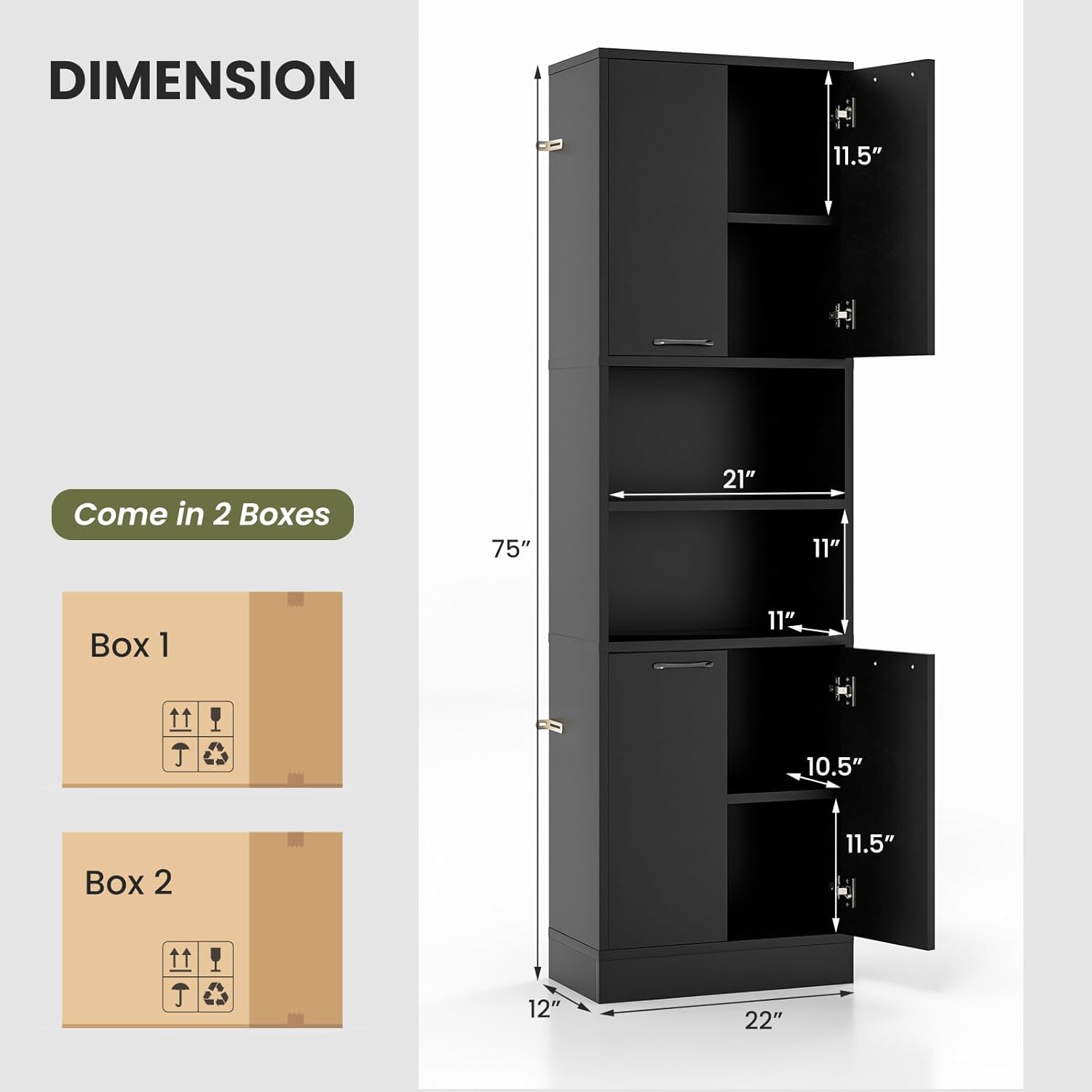 Diagram showing the dimensions of the Tangkula 75-inch Tall Bathroom Storage Cabinet and indicating that it comes in two boxes.