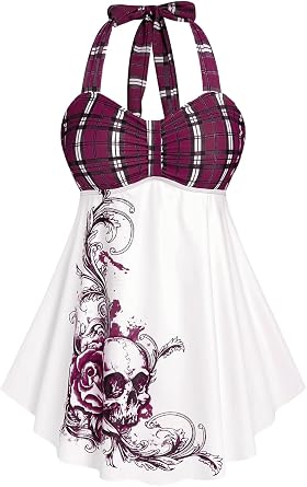 ROSE GAL Womens Plus Size Curve Halter Plaid Skull Print Backless Gothic Modest Tankini Swimsuit Set