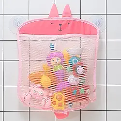 Organizador Infantil de Brinquedos para Banheiro com Ventosas e Rede de Malha - Design de Urso e Tubarão (Rosa)