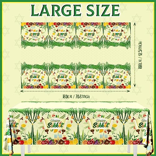 Image of CMUSKO Sukkah Sukkot Tablecloth - Disposable Happy Sukkot Decorations Plastic Tablecloth, Jewish Holiday Party Decorations 3pcs Etrog Lulav Decor Table Cover, Jewish Table Supplies, 108 x 180 cm