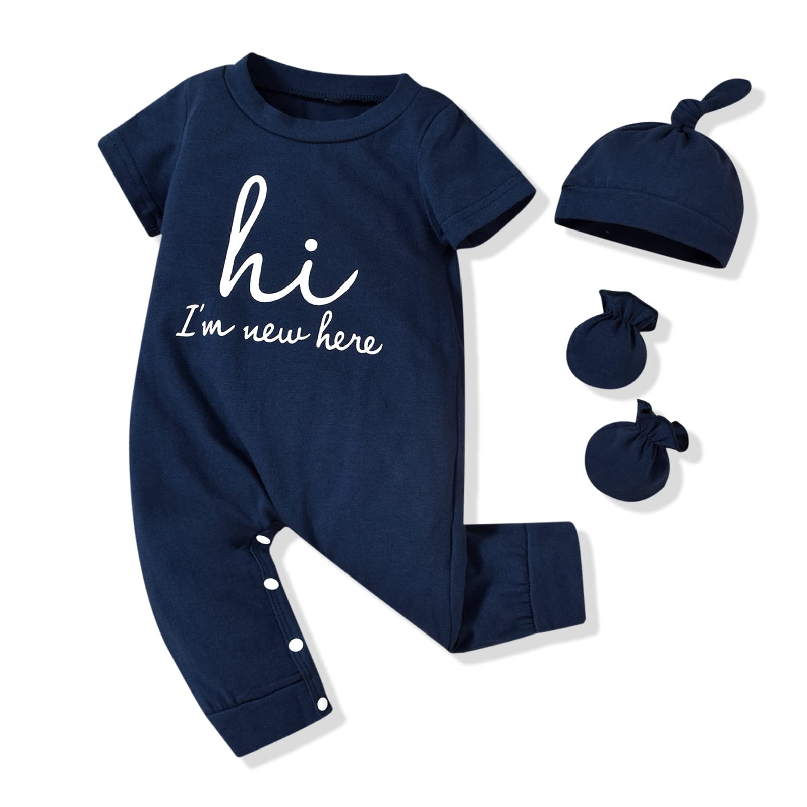 HINTINA Newborn Baby Boy Romper Coming Home Outfits Letter Printed Jumpsuit Hat Glove Outfits