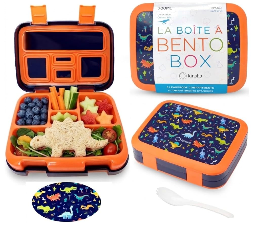 kinsho Dinosaur Bento Lunch Box Container for Small Kids Boys, Blue Orange