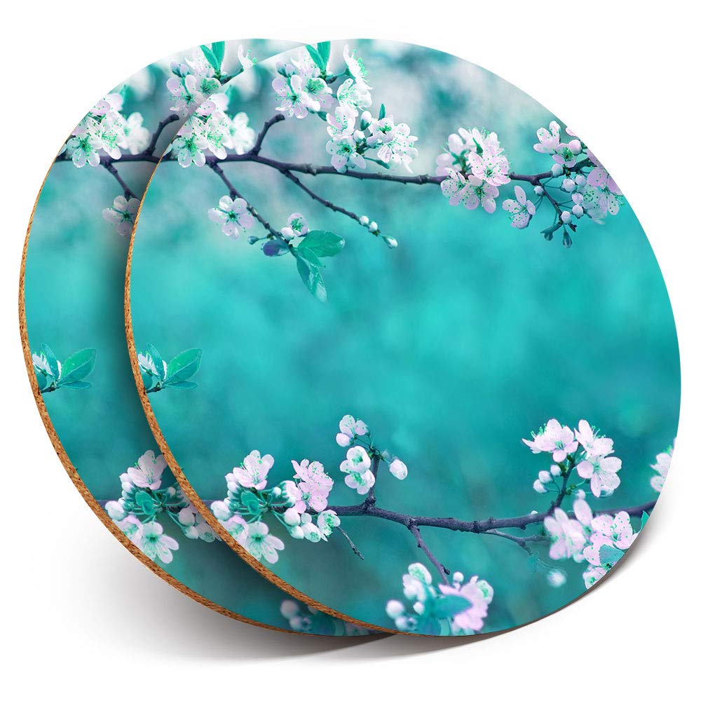 Destination Vinyl Ltd Multicolor 2 X Mdf Glossy Top Coasters Round - Blue Sakura Blossom Flowers Tree 12697