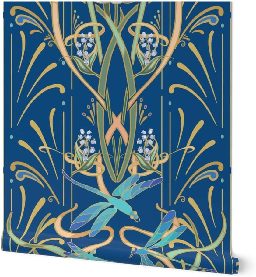 Spoonflower Removable Wallpaper 3ft x 2ft - Art Nouveau Dragonflies Classic Blue Classy Deco Custom Pre-Pasted Wallpaper