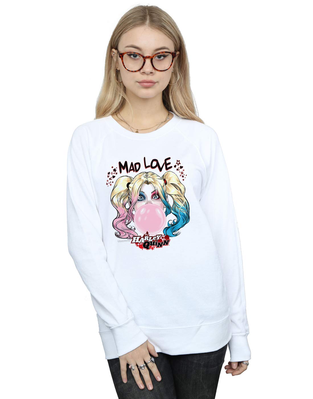 Absolute Cult Women's White Dc Comics Harley Quinn Mad Love Sweatshirt XX-Large