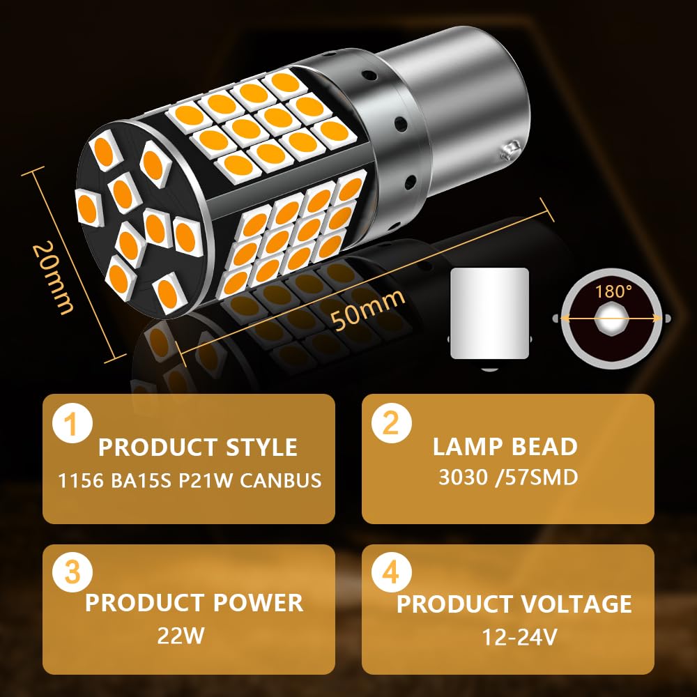 1156 BA15S P21W LED 12-24 V Canbus Error Free Żółty Ultra jasny 4000LM 57SMD P21W LED do kierunkowskazów z przodu i z tyłu kierunkowskaz LED kierunkowskaz samochodowy-4 sztuki