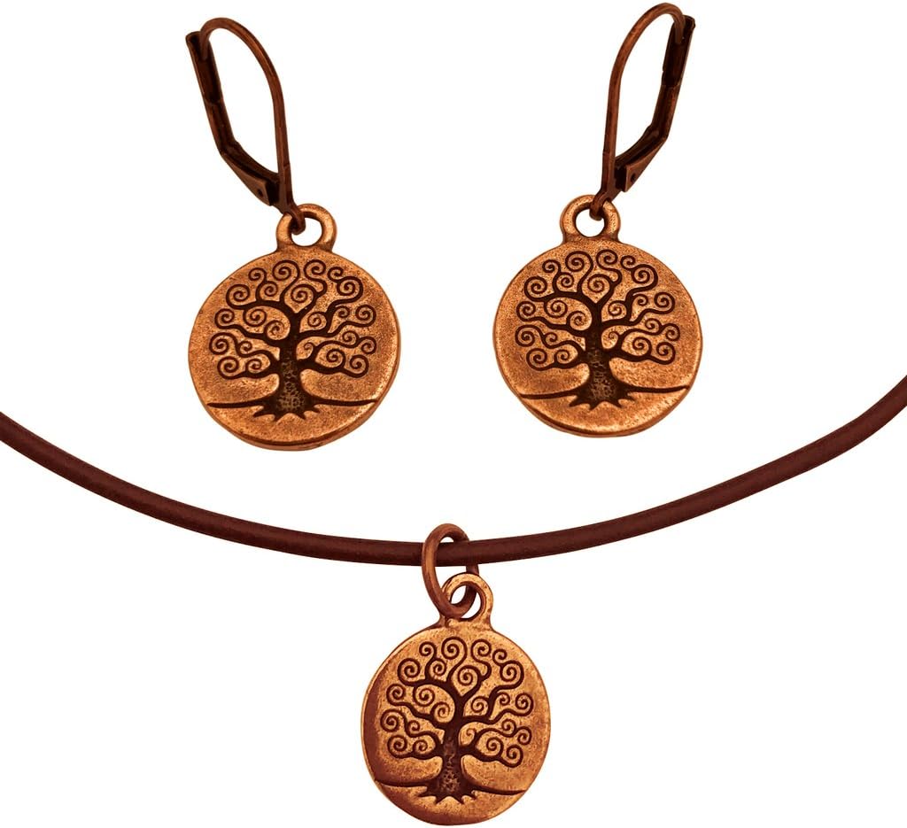 DragonWeave Tree of Life Circle Charm Necklace & Earring Set, Antique Copper Brown Leather Adjustable
