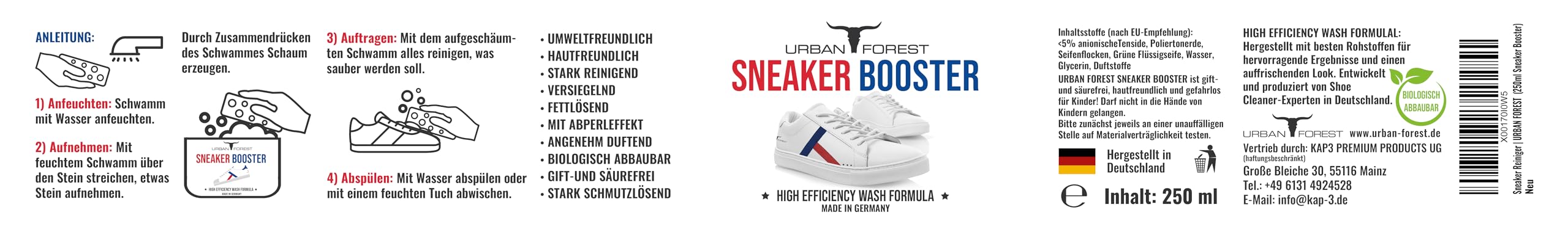 Cura delle scarpe da ginnastica per professionisti, detergente intensivo per scarpe da ginnastica, cura e pulizia delle scarpe con ingredienti biologici con Sneaker Booster PRO di URBAN Forest