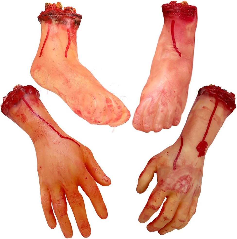 Medou 4 Pieces Fake Human Severed Hands Feet Set Scary Bloody Broken Body Parts Halloween Decorations for Haunted House Halloween Party Decorations Supplies (2 Pieces Feet & 2 Pieces Hands) (Large)