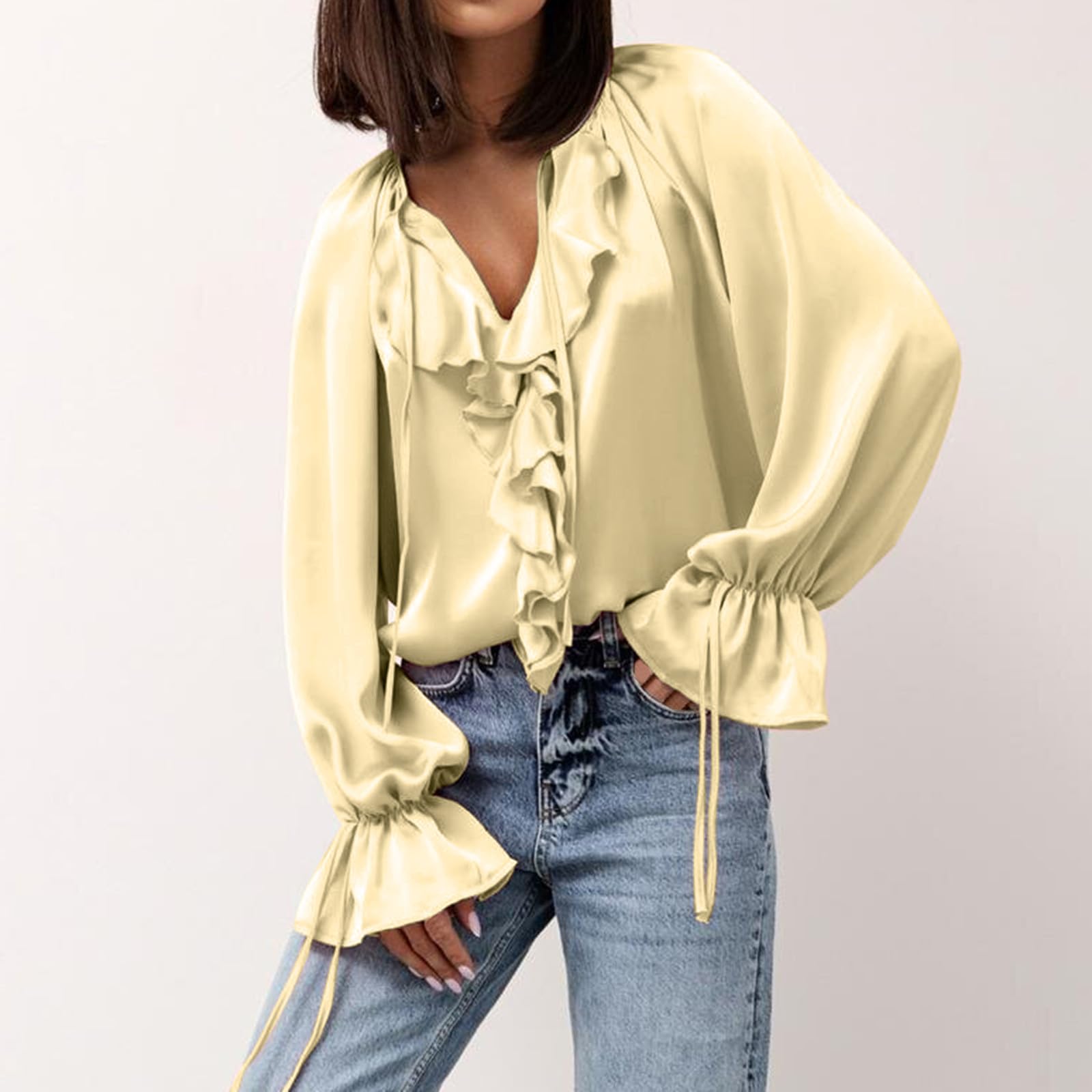 Fall Long Sleeve Blouses for Women Tie V Neck Ruffle Shirts Office Ladies Elegant Dressy Business Casual Work Tops Yellow