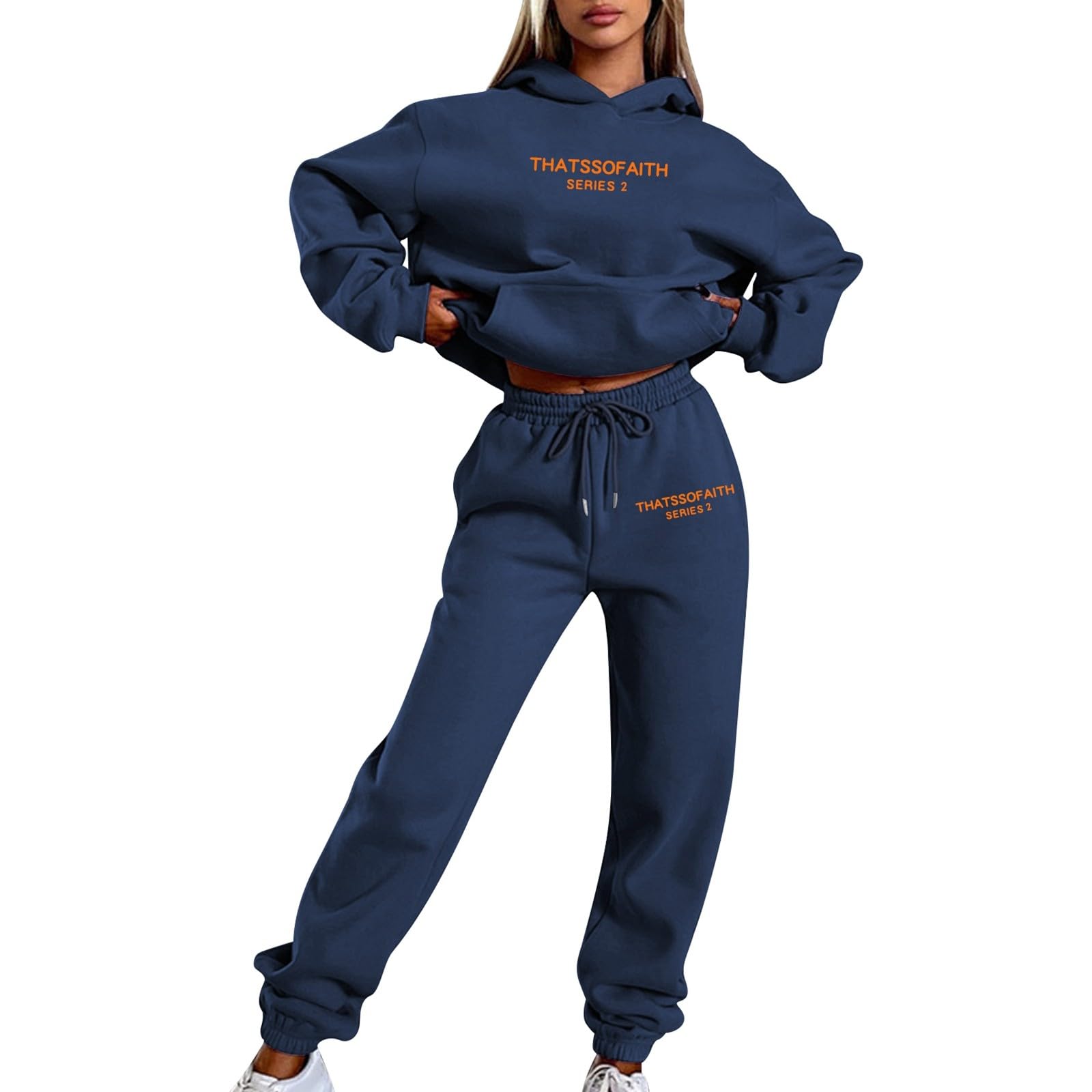 Générique Sweat à Capuche imprimé Lettre pour Femmes, Costume Pantalon Polaire décontracté à la Mode