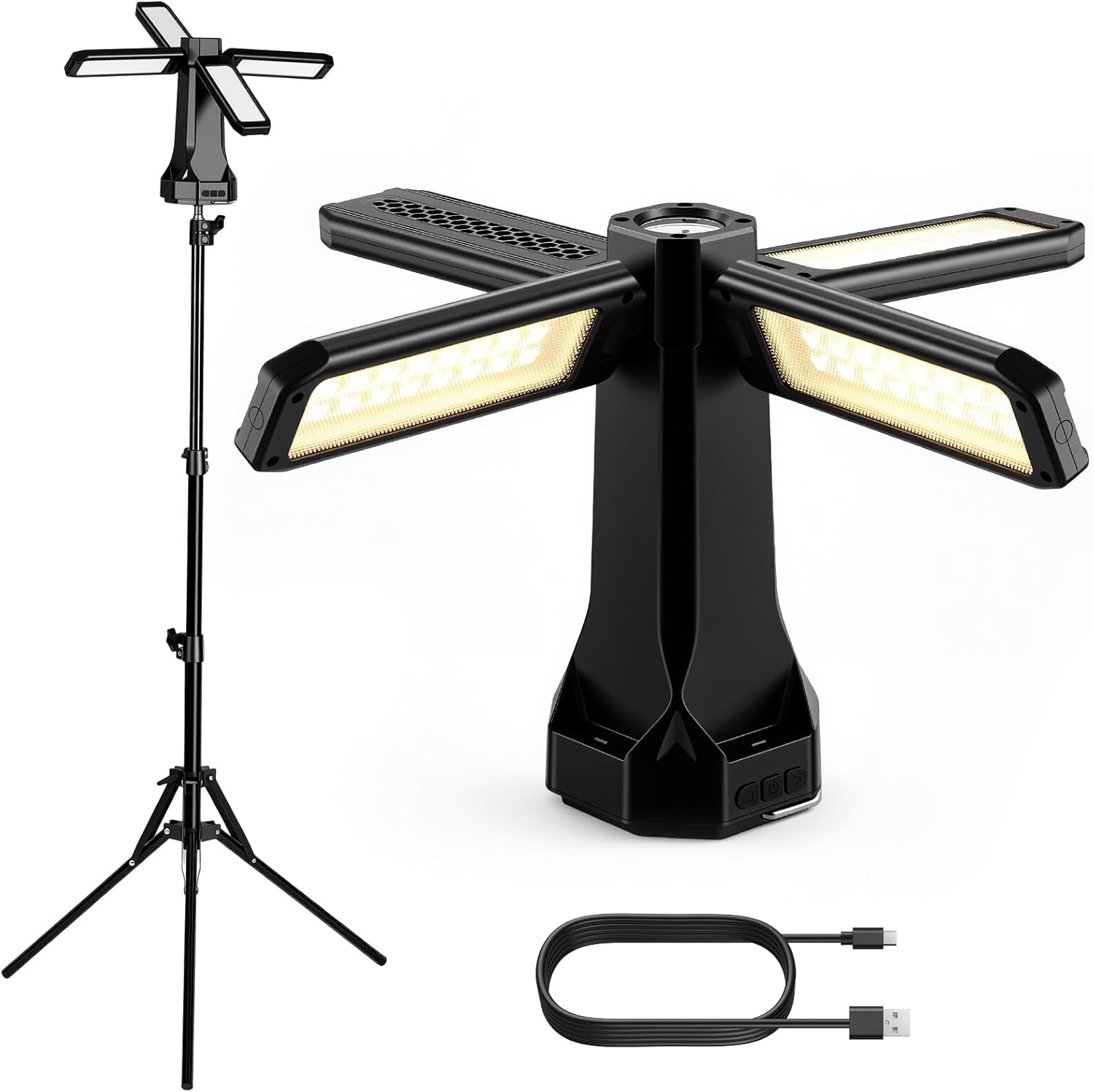 AUTOUTLET Rechargeable Camping Light with Stand, 16000mAh LED Work Light with 4 Adjustable Lamp Heads 1.55M Detachable Tripod, 4000 Lumen, IP66 Waterproof Dimmable Cordless Work Light for Outdoor Use