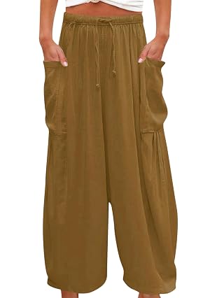 BOFETA Women Casual Loose Trousers Cotton Linen Solid Color Pants Comfy Long Pants