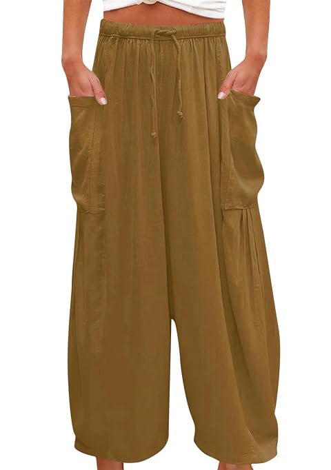 BOFETA Women Casual Loose Trousers Cotton Linen Solid Color Pants Comfy Long Pants