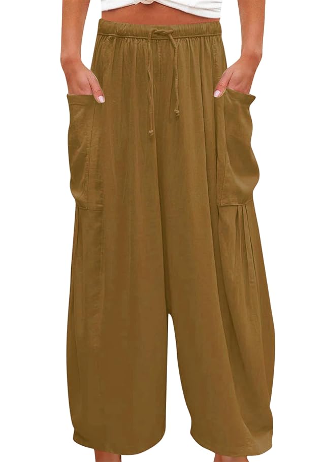BOFETA Women Casual Loose Trousers Cotton Linen Solid Color Pants Comfy Long Pants