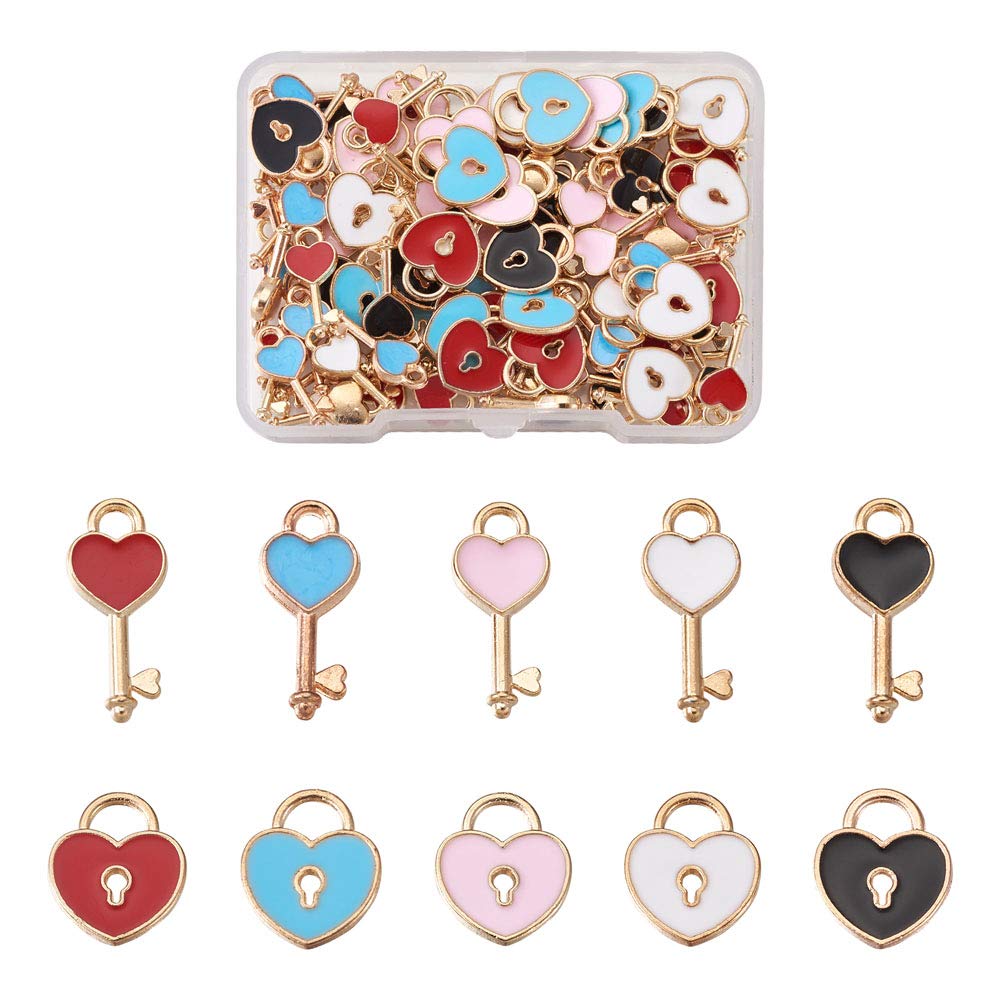 Beadthoven 100pcs Alloy Enamel Heart Key Lock Charm Pendants Light Gold Love Theme Hanging Dangle Charms 5 Colors for DIY Crafts Bracelet Necklace Earrings Jewelry Making