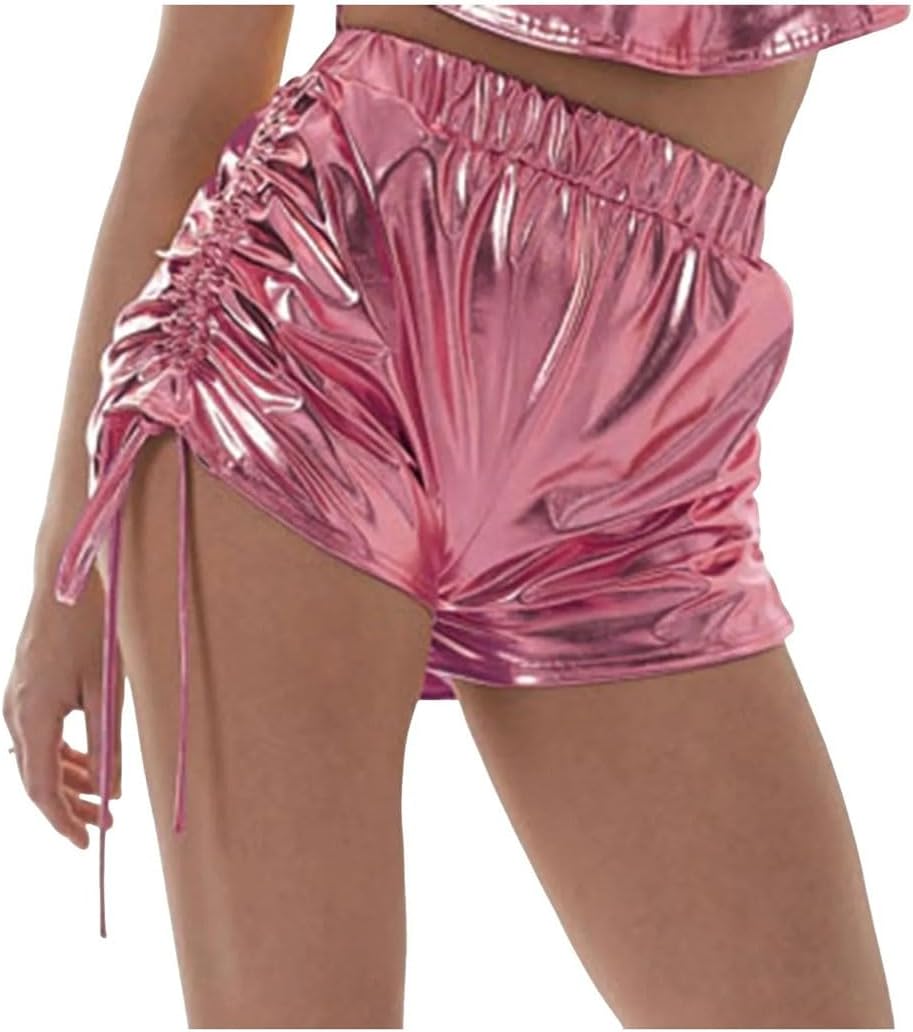 Women's Metallic Yoga Shorts Shiny Drawstring Solid Sexy Versatile Beach Pants